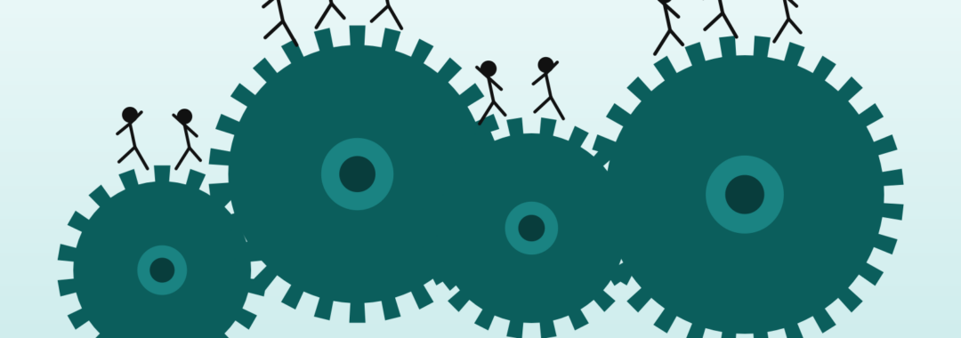 Stick figures collaborating on interconnected gears – cross-functional teamwork in styling programs