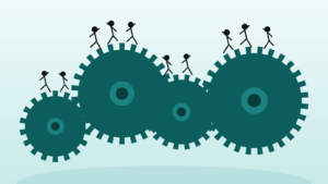 Stick figures collaborating on interconnected gears – cross-functional teamwork in styling programs